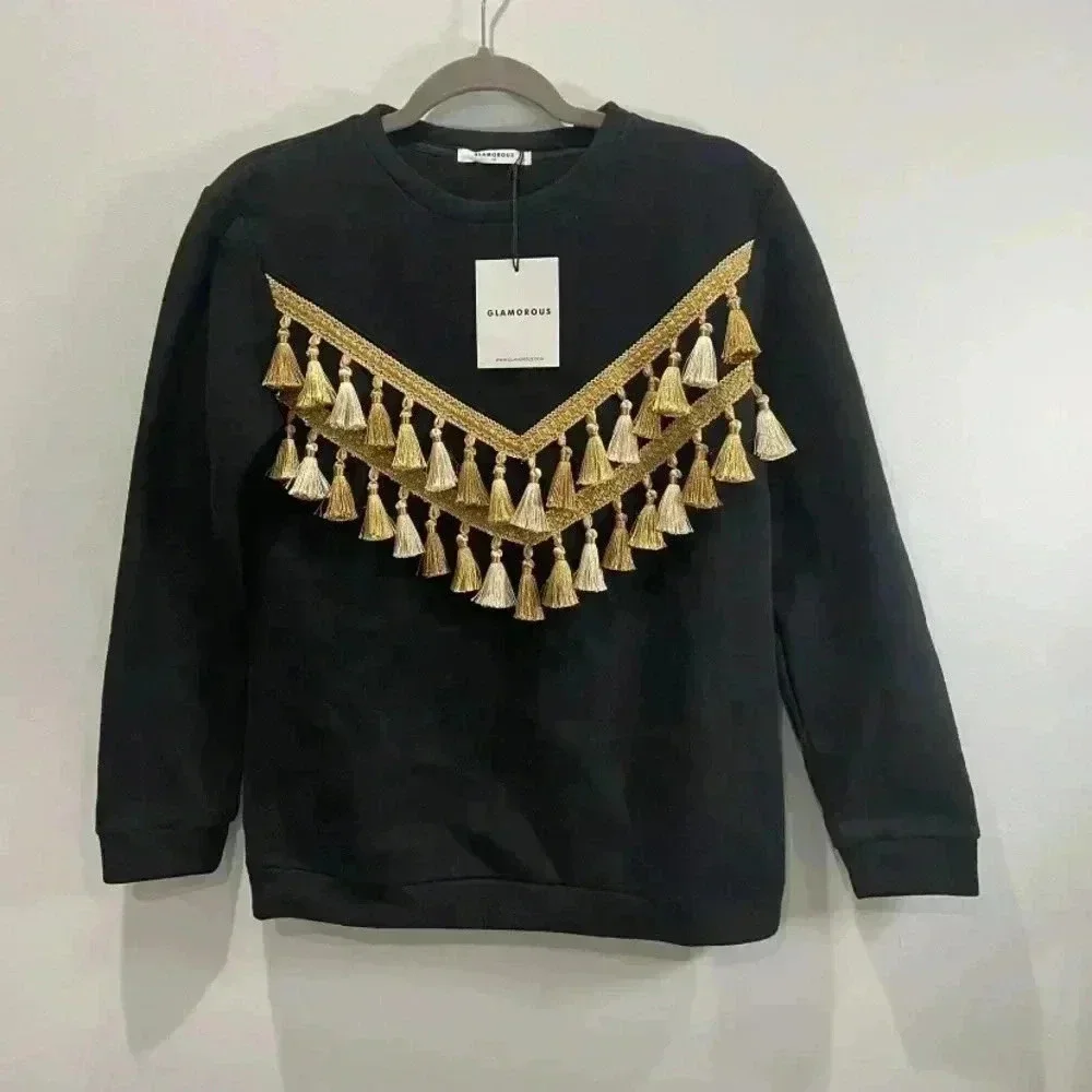 Glamorous Black Sweatshirt with Gold Fringe Tassels Size Xs